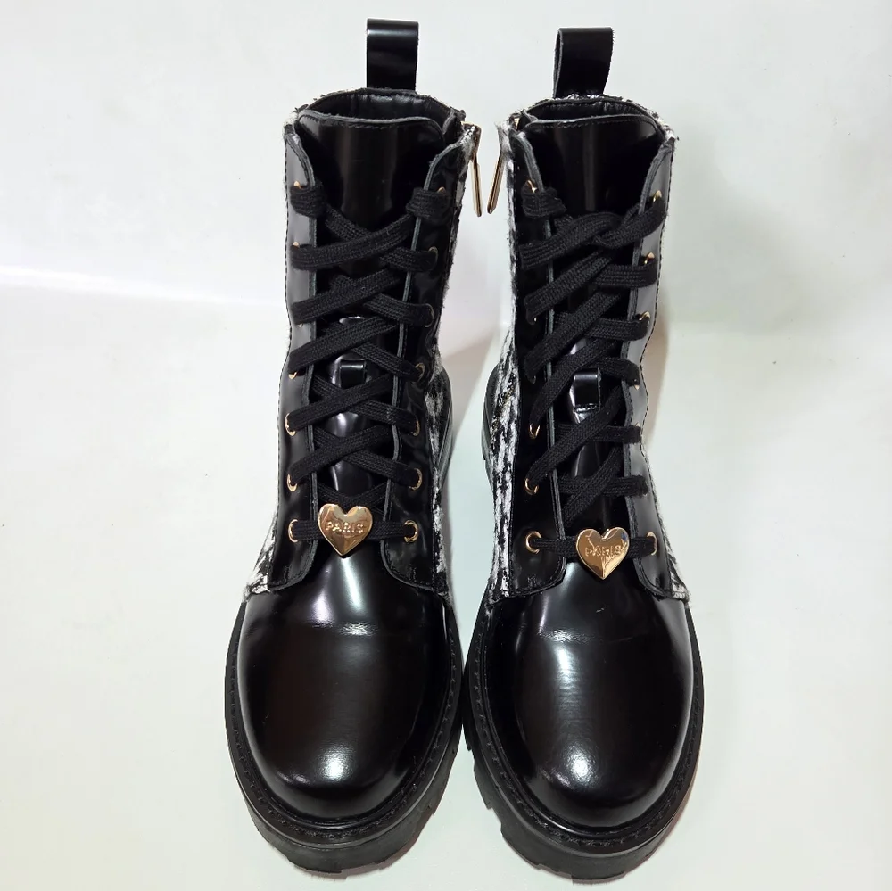 Karl Lagerfeld Paris Mela Everyday Patent Leather Houndstooth Combat Boot 7.5 - Picture 6 of 15